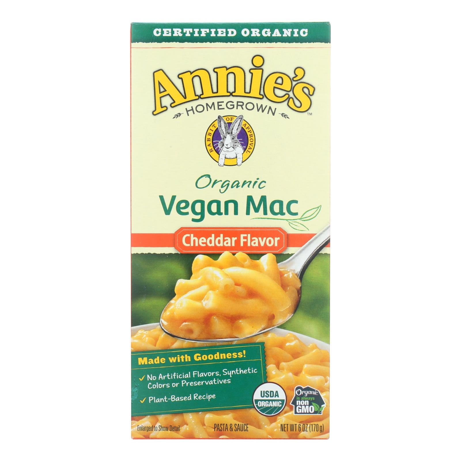 Annie'S Homegrown, Annie's Homegrown Organic Macaroni & Cheese - Vegan Cheddar Flavored - Case of 12 - 6 oz (Pack of 12)