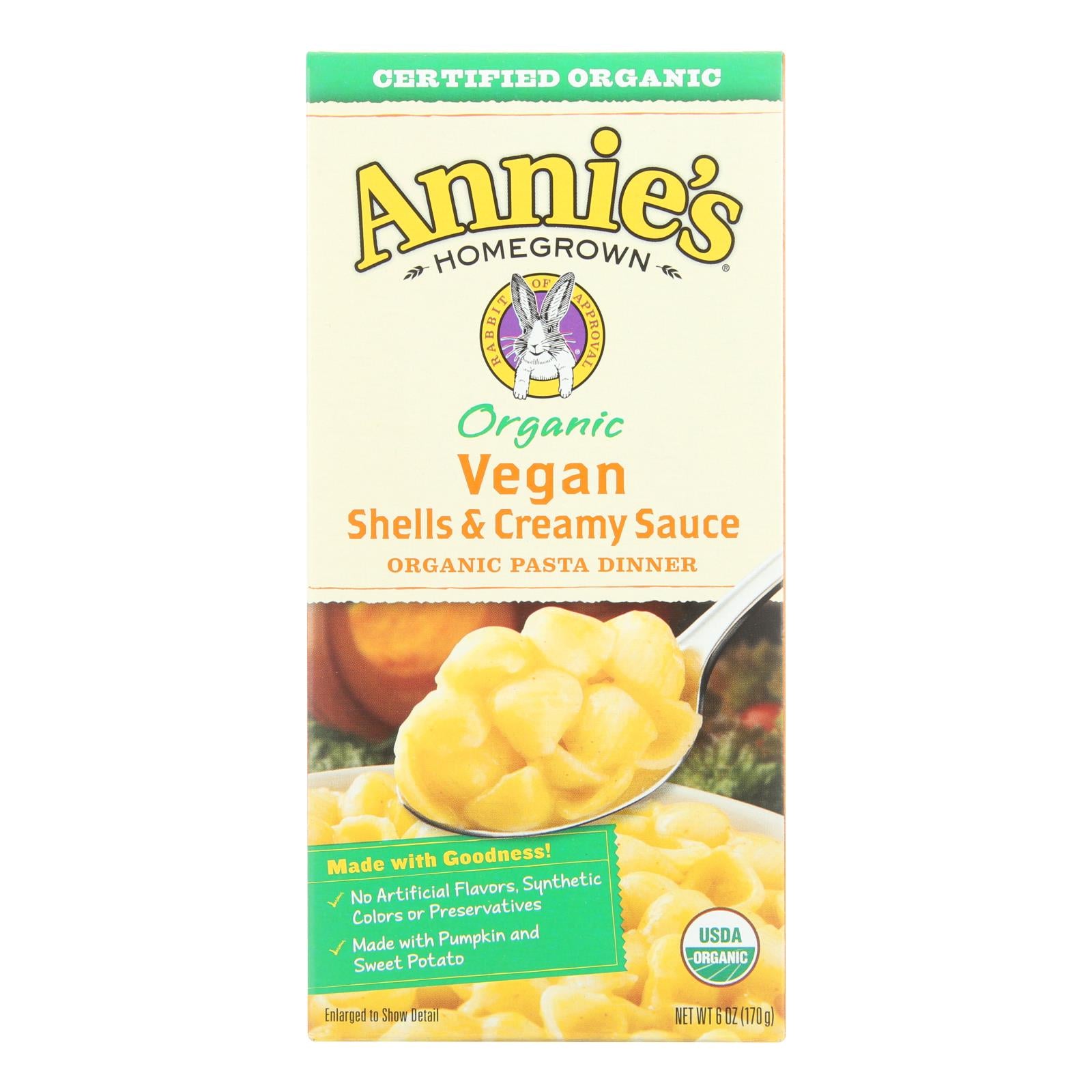 Annie'S Homegrown, Annie's Homegrown Organic Vegan Shells and Creamy Sauce Pasta Dinner - Case of 12 - 6 oz. (Pack of 12)