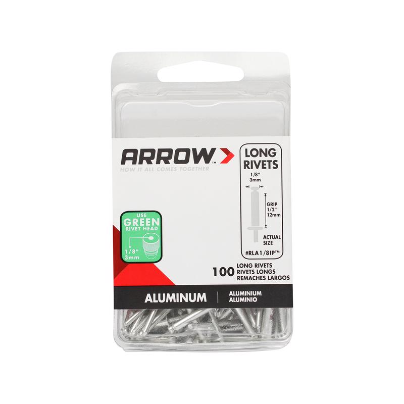 ARROW FASTENER CO LLC, Arrow 1/8 in. D X 1/2 in. Aluminum Long Rivets Silver 100 pk