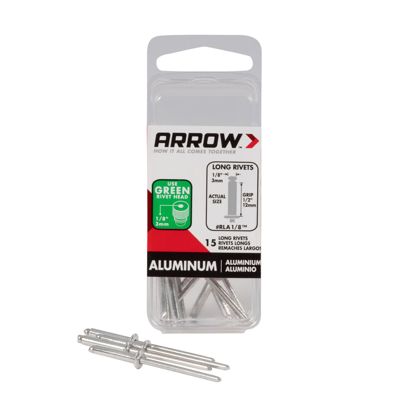 ARROW FASTENER CO LLC, Arrow 1/8 in. D X 1/2 in. Aluminum Long Rivets Silver 15 pk