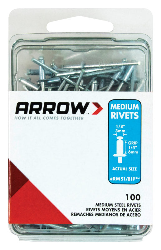 ARROW FASTENER CO LLC, Arrow 1/8 in. D X 1/4 in. Steel Rivets Silver 100 pk