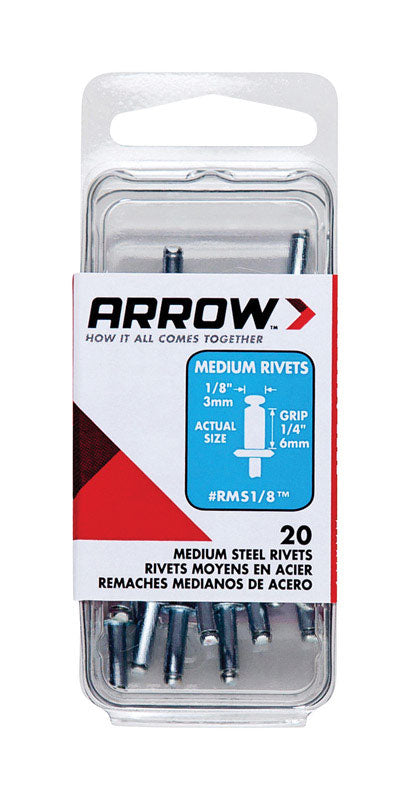 ARROW FASTENER CO LLC, Arrow 1/8 in. D X 1/4 in. Steel Rivets Silver 20 pk