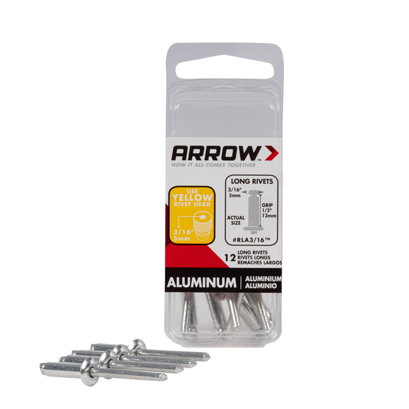 ARROW FASTENER CO LLC, Arrow 3/16 in. D X 1/2 in. Aluminum Long Rivets Silver 12 pk