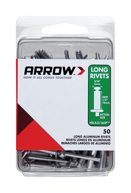 ARROW FASTENER CO LLC, Arrow 3/16 in. D X 1/2 in. Aluminum Long Rivets Silver 50 pk