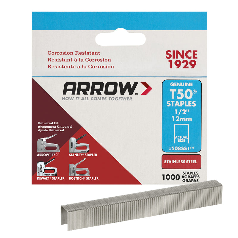 ARROW FASTENER CO LLC, Arrow Fastener 1/2 in. L x 3/8 in. W Stainless Steel Flat Crown Heavy Duty Staples 18 Ga. (Pack of 5)