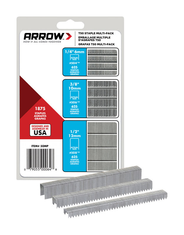 ARROW FASTENER CO LLC, Arrow T50 3/8 in. W 18 Ga. Flat Crown Heavy Duty Staple Assortment 1875 pk