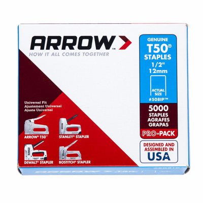 ARROW FASTENER CO LLC, Arrow T50 3/8 in. W X 1/2 in. L 18 Ga. Flat Crown Heavy Duty Staples 5000 pk