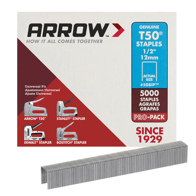 ARROW FASTENER CO LLC, Arrow T50 3/8 in. W X 1/2 in. L 18 Ga. Flat Crown Heavy Duty Staples 5000 pk