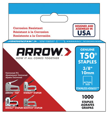 ARROW FASTENER CO LLC, Arrow T50 3/8 in. W X 3/8 in. L 18 Ga. Flat Crown Heavy Duty Staples 1000 pk