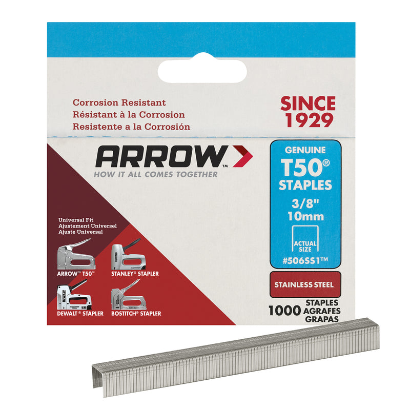 ARROW FASTENER CO LLC, Arrow T50 3/8 in. W X 3/8 in. L 18 Ga. Flat Crown Heavy Duty Staples 1000 pk