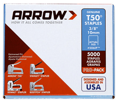 ARROW FASTENER CO LLC, Arrow T50 3/8 in. W X 3/8 in. L 18 Ga. Flat Crown Heavy Duty Staples 5000 pk
