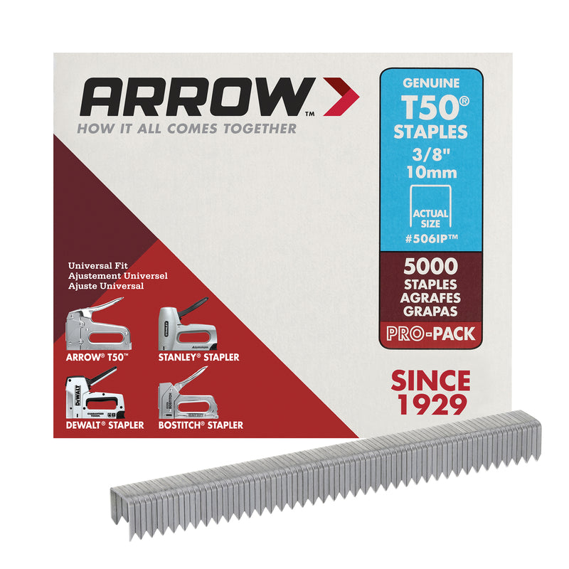 ARROW FASTENER CO LLC, Arrow T50 3/8 in. W X 3/8 in. L 18 Ga. Flat Crown Heavy Duty Staples 5000 pk