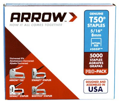 ARROW FASTENER CO LLC, Arrow T50 3/8 in. W X 5/16 in. L 18 Ga. Flat Crown Heavy Duty Staples 5000 pk
