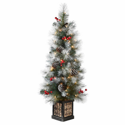 National Tree Co-Import, Artificial Pre-Lit Christmas Entrance Tree, Snowy Glacier Pine, 100 Clear Lights, 4-Ft.