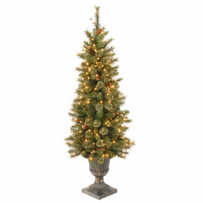 National Tree Co-Import, Artificial Pre-Lit Christmas Tree, 100 Clear Lights, Golden Bristle With Dark Brown Urn, 4-Ft.