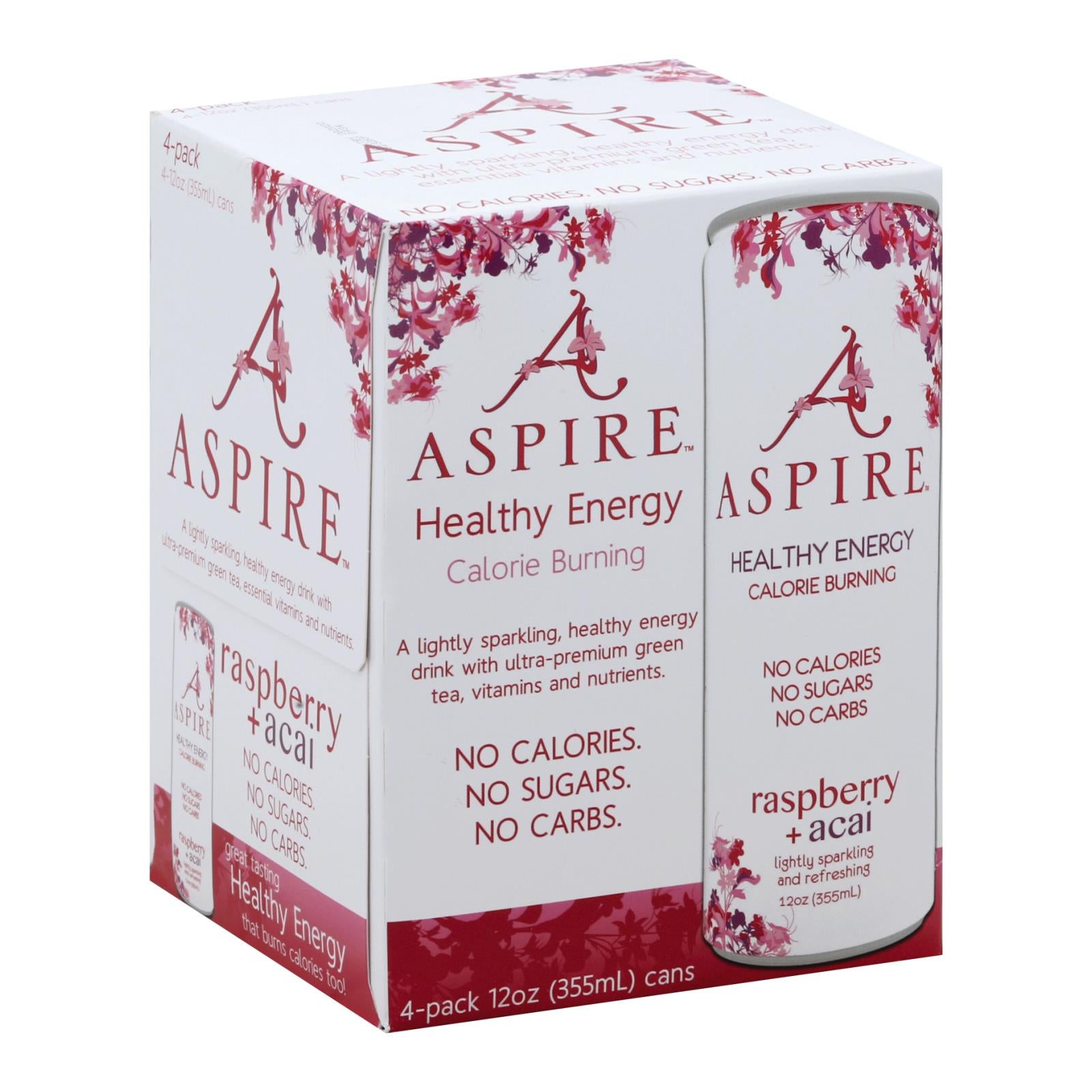 Aspire Healthy Energy, Aspire Healthy Energy - Sparkling Raspberry Acai - Case of 6 - 4/12 OZ (Pack of 6)