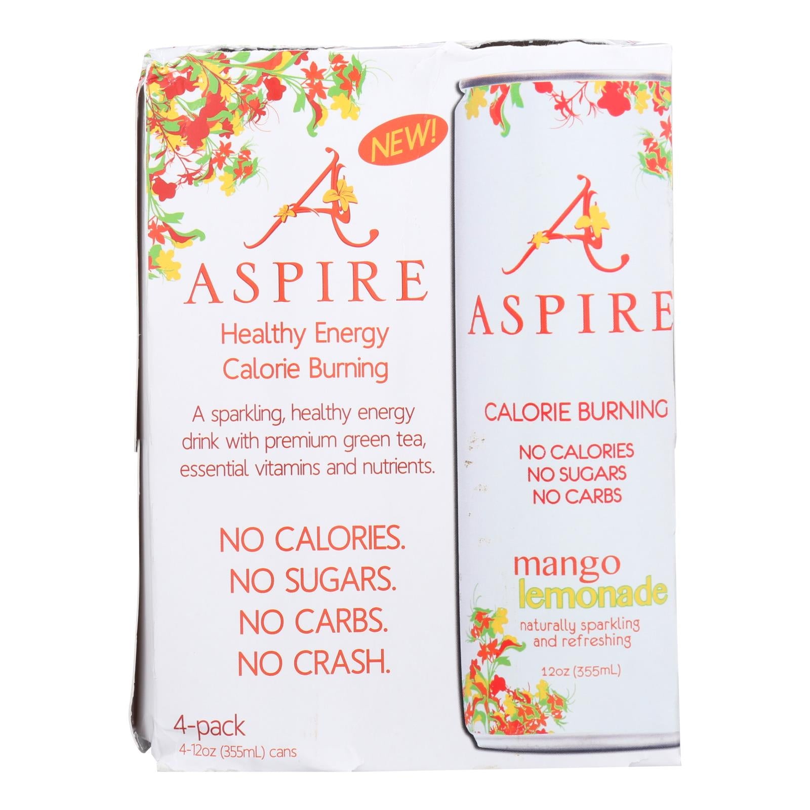 Aspire Healthy Energy, Aspire Mango Lemonade Sparkling Beverage  - Case of 6 - 4/12 OZ (Pack of 6)