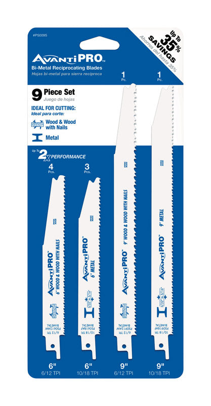 FREUD AMERICA INC, Avanti Pro  Assorted in. Bi-Metal  Reciprocating Saw Blade Set  Multi TPI 9 pk