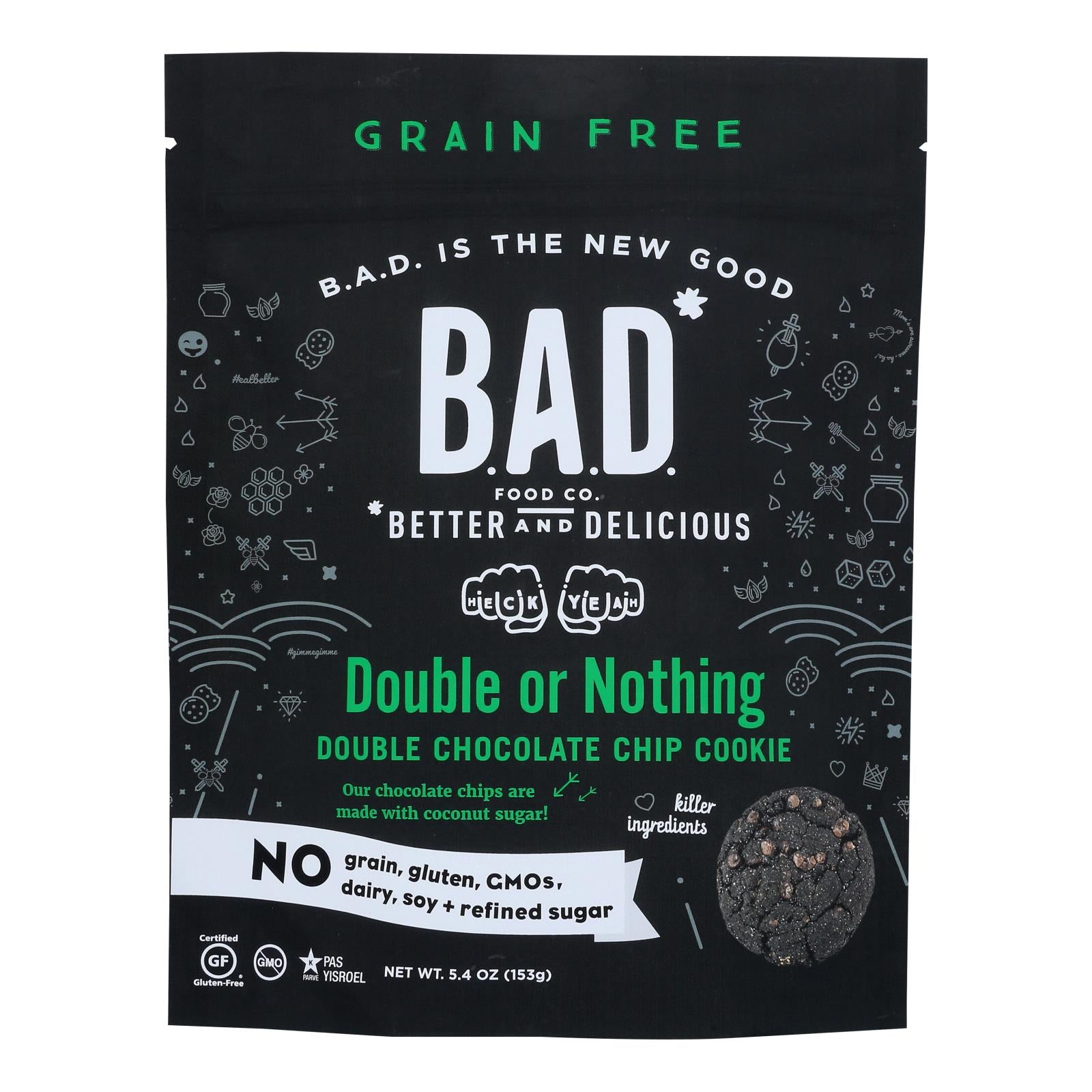 B.A.D. FOOD CO., B.a.d. Food Co. - Cookies Double Chocolate Choc Chips - Case of 6-5.4 OZ (Pack of 6)