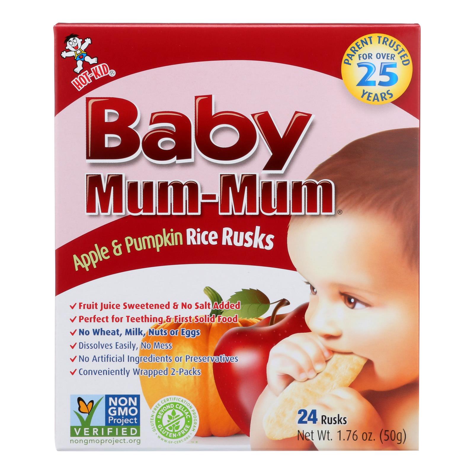 Hot Kid, Baby Mum Mum Baby Teething Rice Rusk Apple And Pumpkin Flavored Rice Snack  - Case of 6 - 1.76 OZ (Pack of 6)