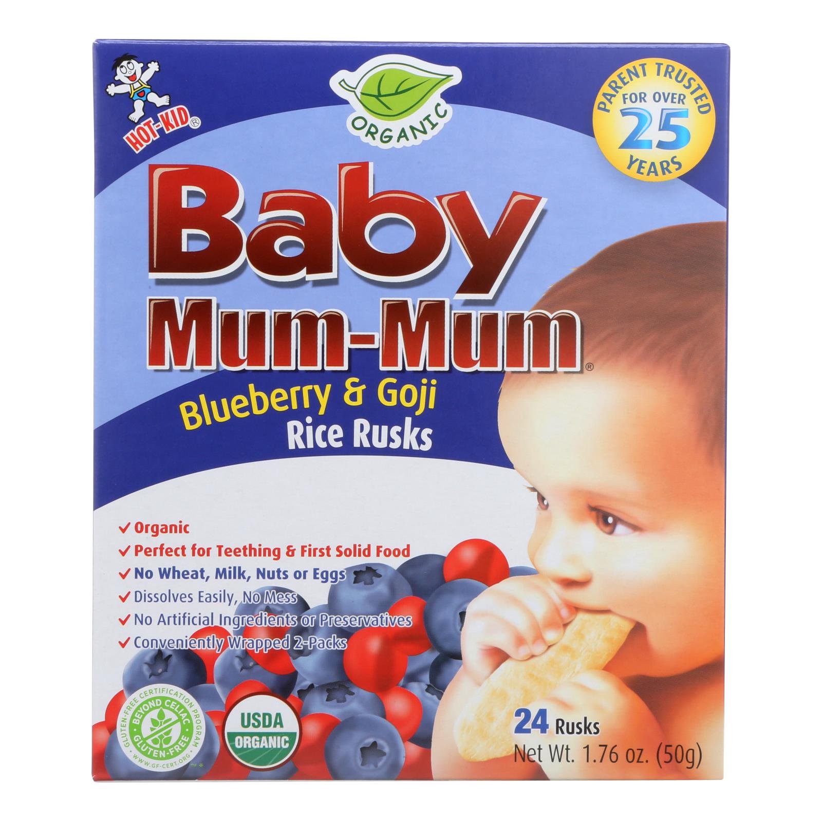 Baby Mum Mum, Baby Mum Mum Organic Baby Teeth Rice Rusk Organic Rice Snack With Blueberry And Goji Flavor  - Case of 6 - 1.76 OZ (Pack of 6)