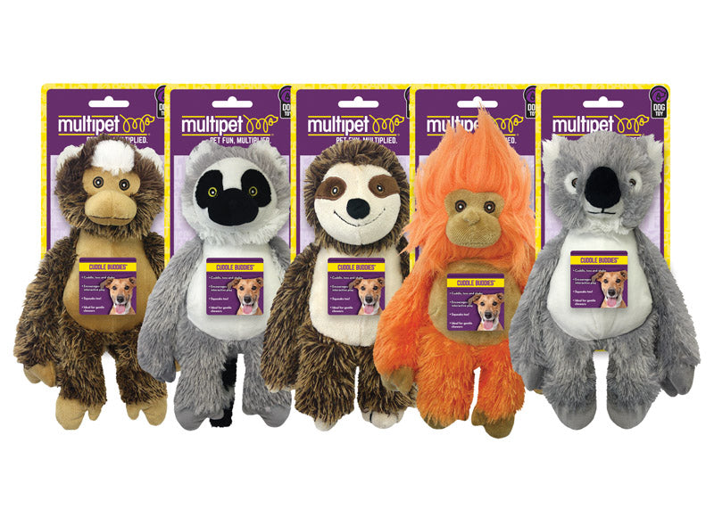 MULTIPET INTERNATIONAL INC, Multipet Assorted Monkey, Lemur, Sloth, Tamarin, and Koala Polyester Dog Toy Medium (Pack of 12).